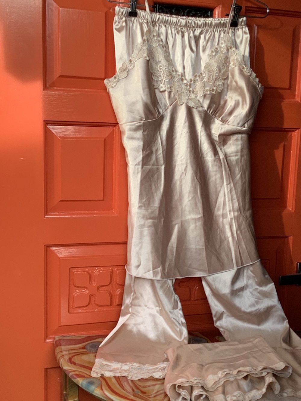 3 Piece Set of Satin Feel GOLD Pajamas: shorts~pants~cami SZ L